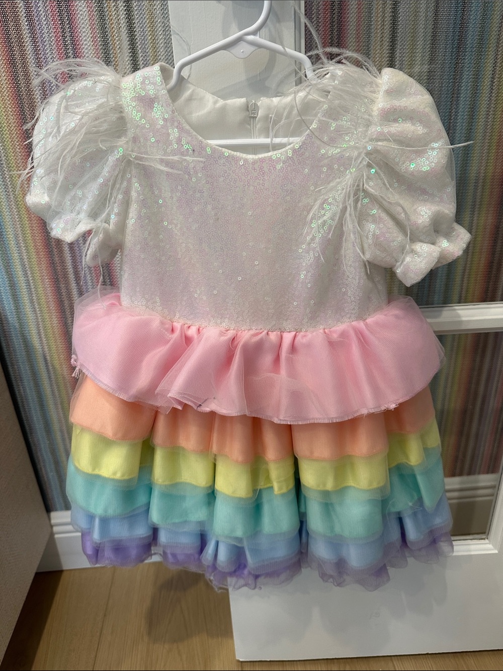 Lola and the Boys Girls White Sequin & Rainbow Tiered Tulle Costume Dress